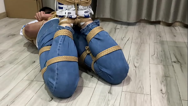 Asian boy hogtied and struggle
