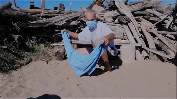 naked slave pig collared exposed, in penis cage, striptease at the gay beach, cucumber fuck, BDSM CBT