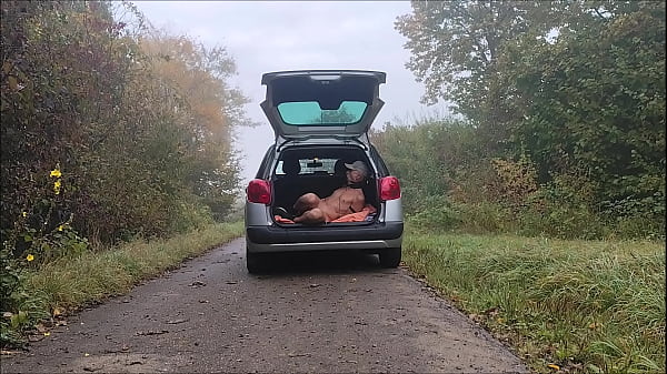 naked slave pig exposed in penis cage outdoor, travel in trunk, hiking in autumn forest, BDSM