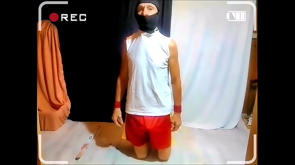 naked slave pig exposed punish himself on command after striptease during party, BDSM CBT