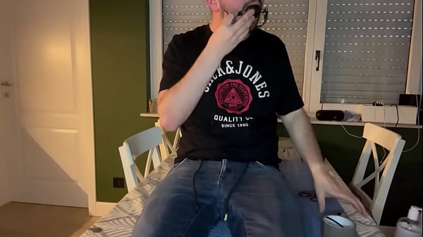 TheDutchPorn on kitchentable with gag-ball & tape in mouth, deep glass dildo play, automatic masturbator and BBD dildo