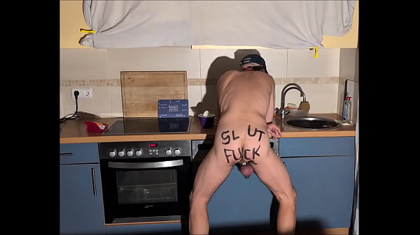 naked pathetic slave with penis cage in the kitchen, housekeeping, cucumber fuck, dildo play, BDSM CBT