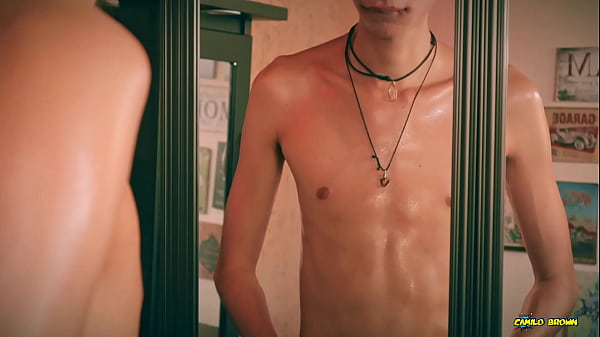 Hot Skinny Twink Jerking His Big Cut Cock In Front Of The Mirror