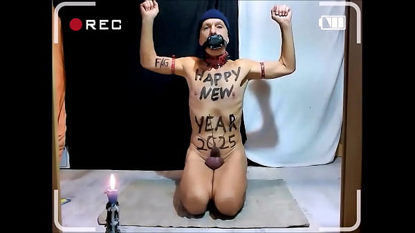 naked pathetic slave with HAPPY NEW YEAR body writing, sparkler in urethra, during party sparkler burns urethra