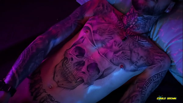 Hot tattooed Twink Jerking His Big Uncut Cock With Oil And Shooting His Cum