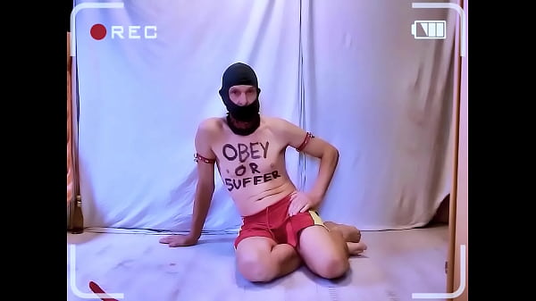 naked pathetic slave punish himself on command, hit uncut penis, balls and gay ass, housekeeping afterwards