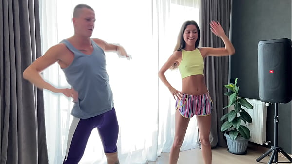 Bisexual threesome without a condom with stepfather after morning exercises