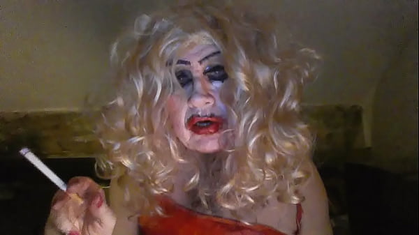 Desperate Sissy Fag Slut, Sarah, smokes, rams big, black dildo up herself, wanks