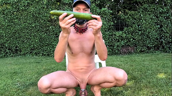 naked pathetic slave outdoor in penis cage cucumber fuck, watch how dildo in gay ass bulge my belly button, cmnm