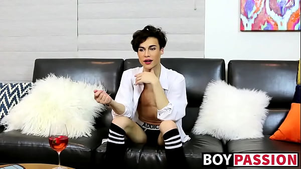 Makeup-wearing twink strokes cock after sex interview
