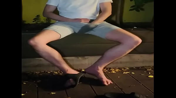 Amateur boy pee on himself in the garden (wets his grey shorts, grey undies and white tshirt)